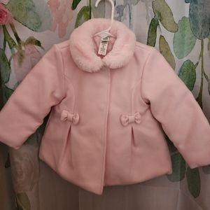 Baby Girl Little Me Pink Bow Fur neck wool pea coat Sz 24 mo